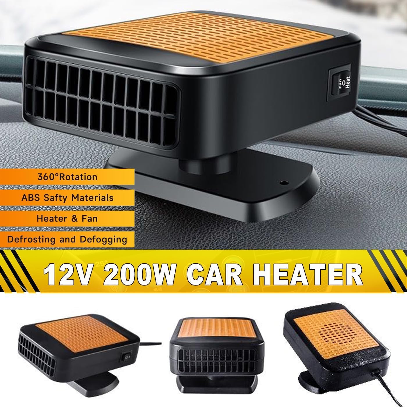 Efficient 12V Portable Car Heater & Defroster – 200W Fast Heating & Cooling Fan with 360° Rotatable Base for Winter Driving in Cars, Trucks, SUVs, and RVs